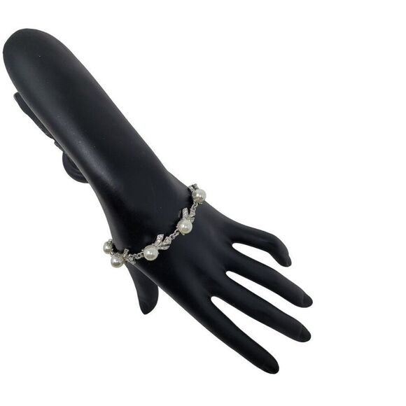 Charter Club Women's Bolo Slide Bracelet Silver Tone Faux Pearl Rhinestone - Picture 7 of 9